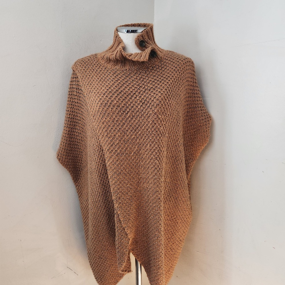 Simply Noelle Brown Knit Button Turtleneck Poncho Wrap Sweater SM 8-10